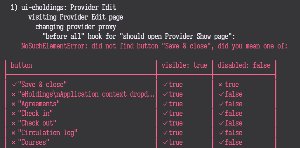 Screenshot of interactors failing a test because the target element was visible but not enabled